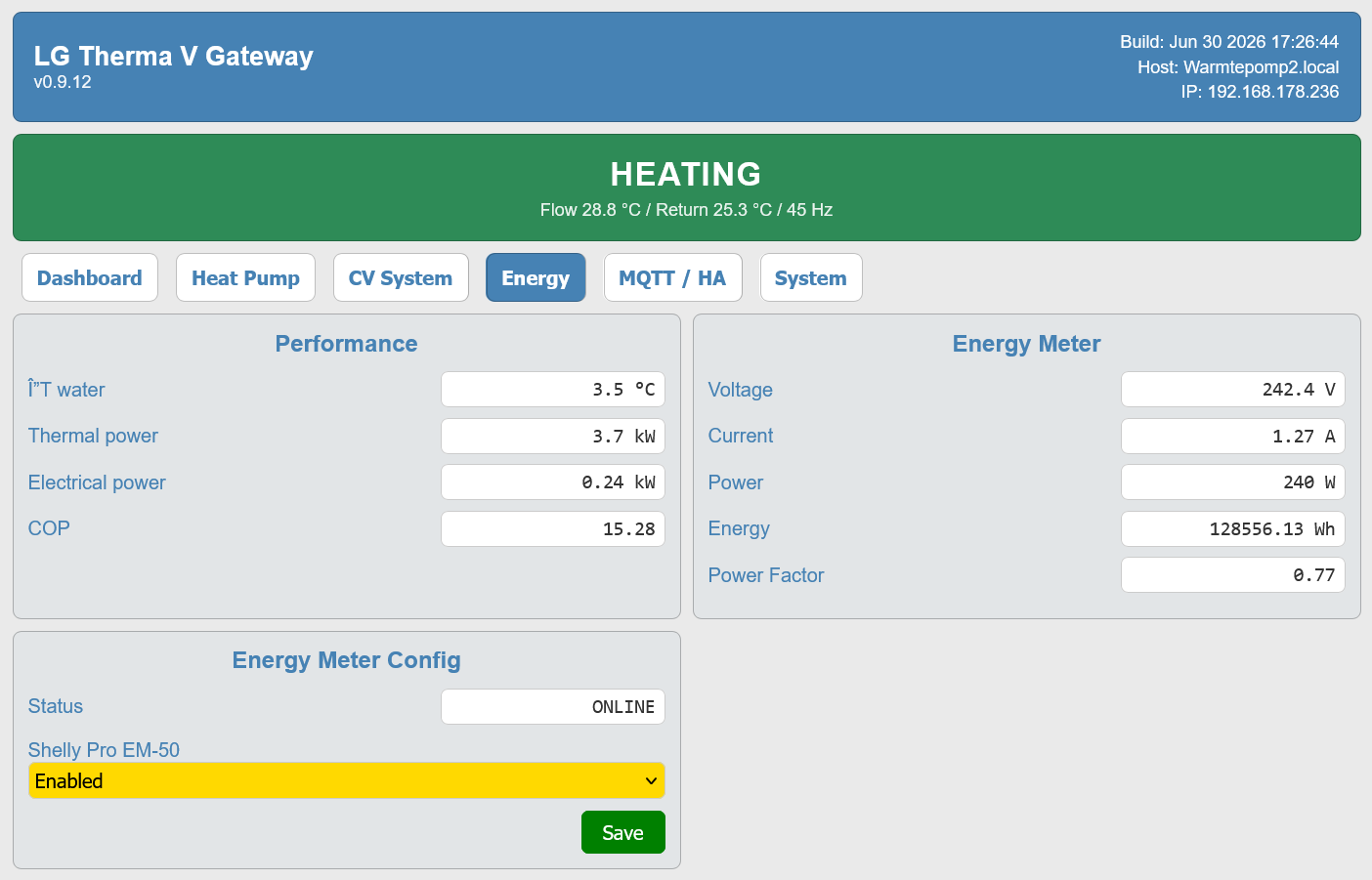 Energy monitoring with thermal power, electrical power and COP